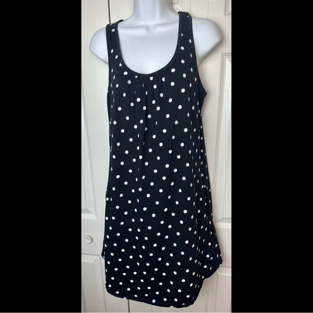 New LANDS END Tank Dress Black Gray White Polka Dot Pleated Pockets Swim Coverup